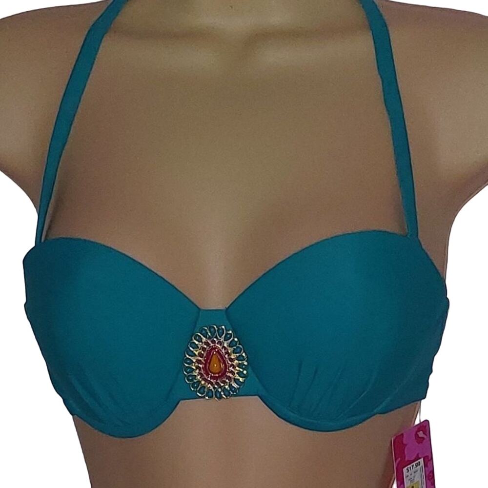 Xhilaration Size S Turquoise Bikini Top with Colorful Jewel NWT